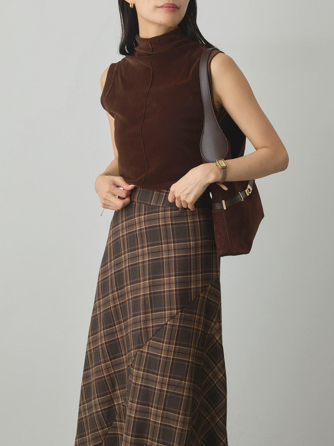 【SET】メッシュベロアノースリーブトップス+クラシカルチェックパネルスカート(2set)