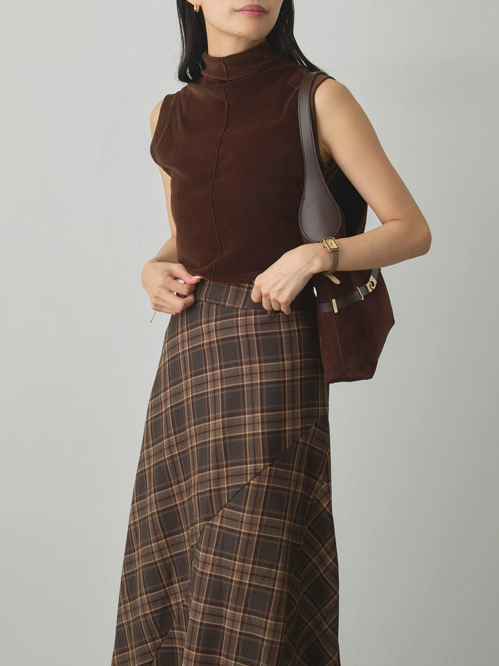 【SET】メッシュベロアノースリーブトップス+クラシカルチェックパネルスカート(2set)