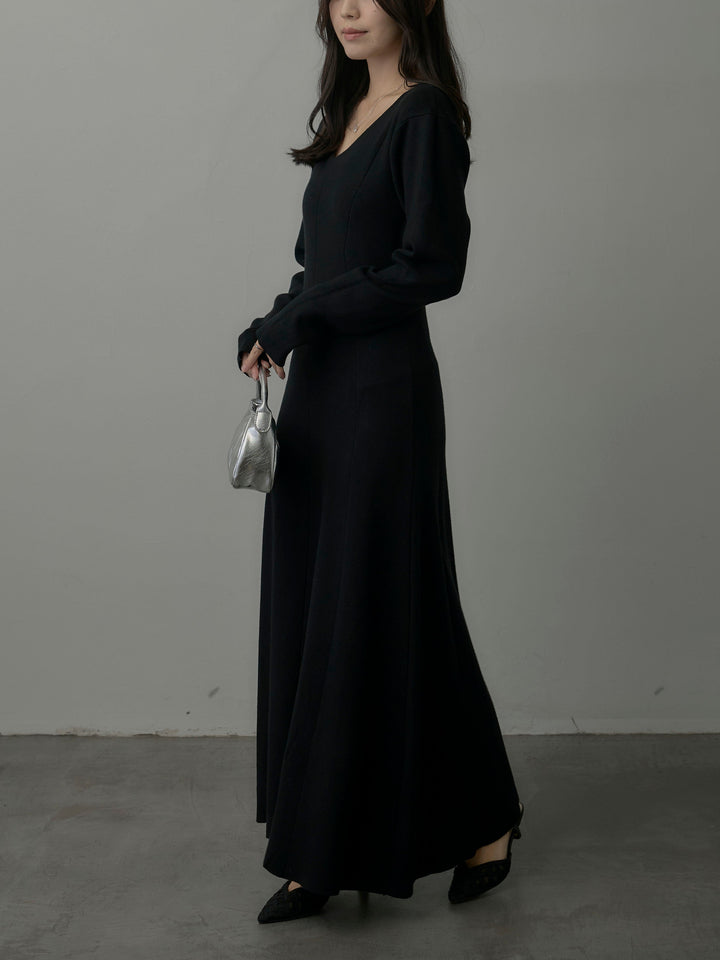 【SET】ショールカラーニットカーディガン+Vネックニットロングワンピース(2set)