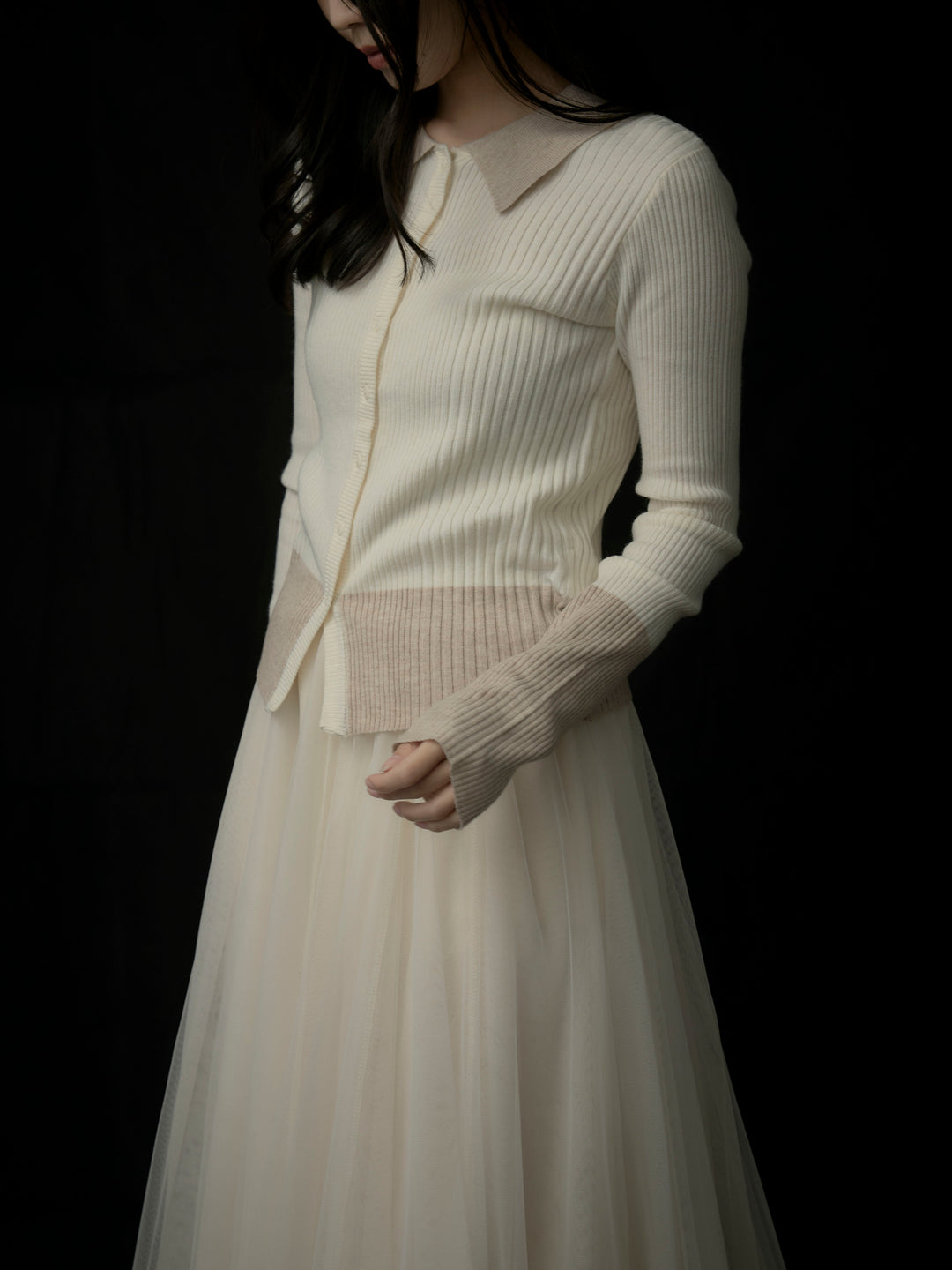 【SET】バイカラーリブニットポロトップス+ボリュームチュールスカート(2set)