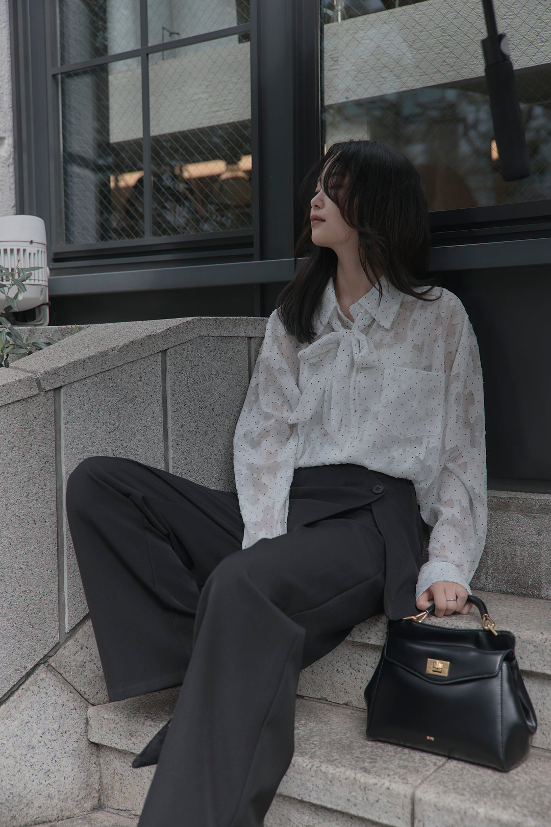 【SET】シアージャガードドットシャツ+ラップワイドパンツ(2set)