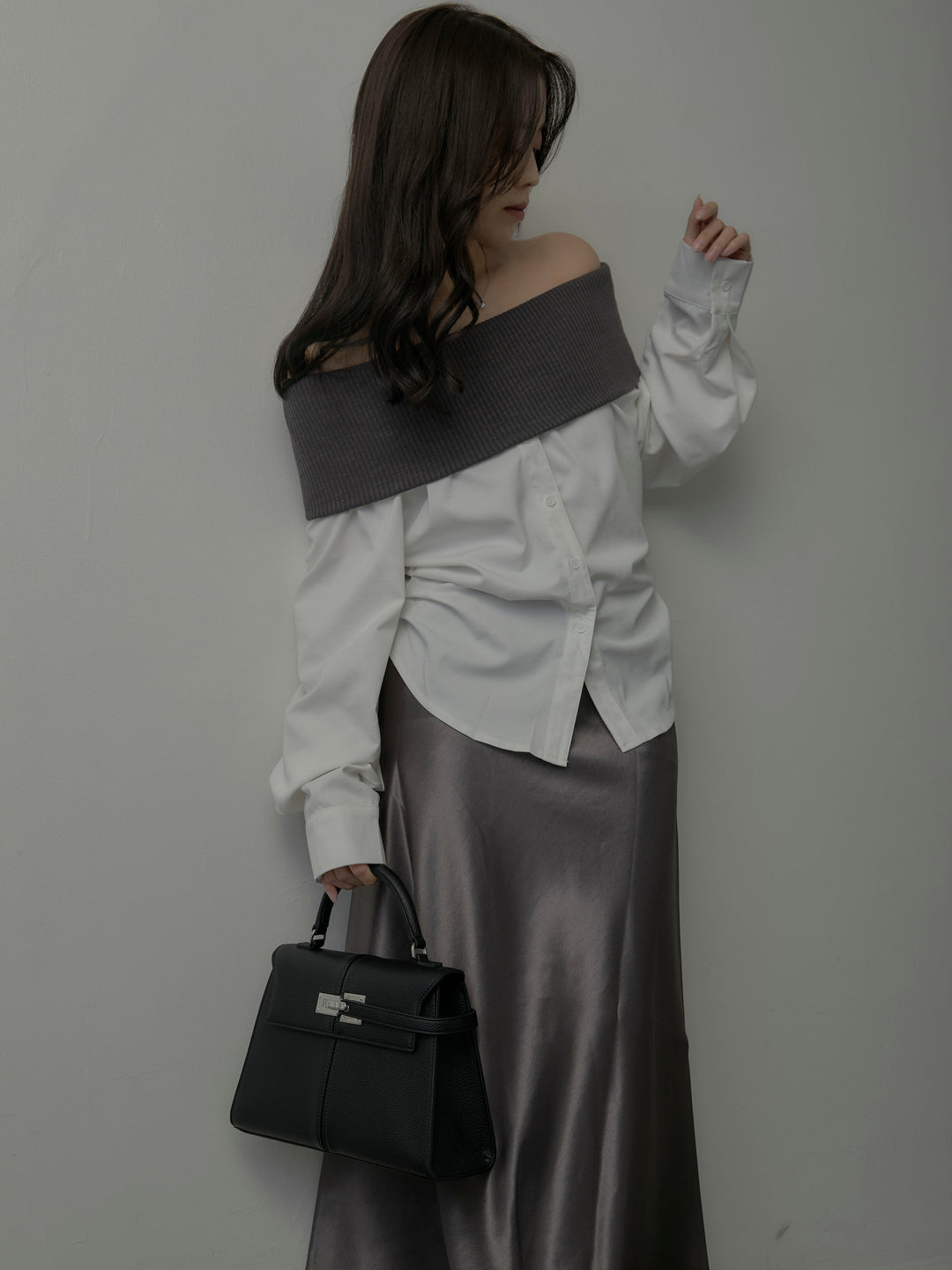 ニットシャツドッキングオフショルトップス