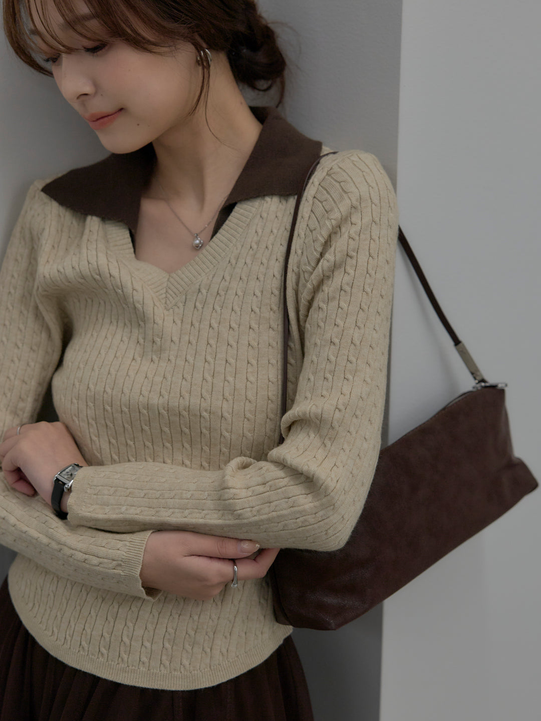 【SET】配色Vネックケーブルニットトップス+ボリュームチュールスカート(2set)