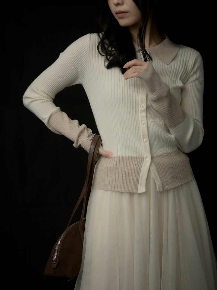 バイカラーリブニットポロトップス