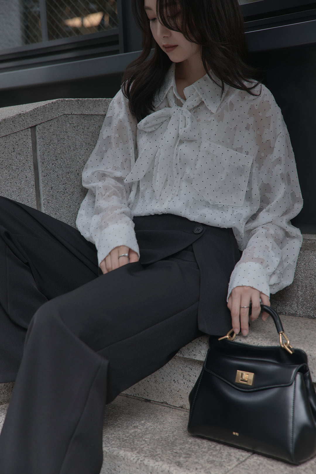 【SET】シアージャガードドットシャツ+ラップワイドパンツ(2set)