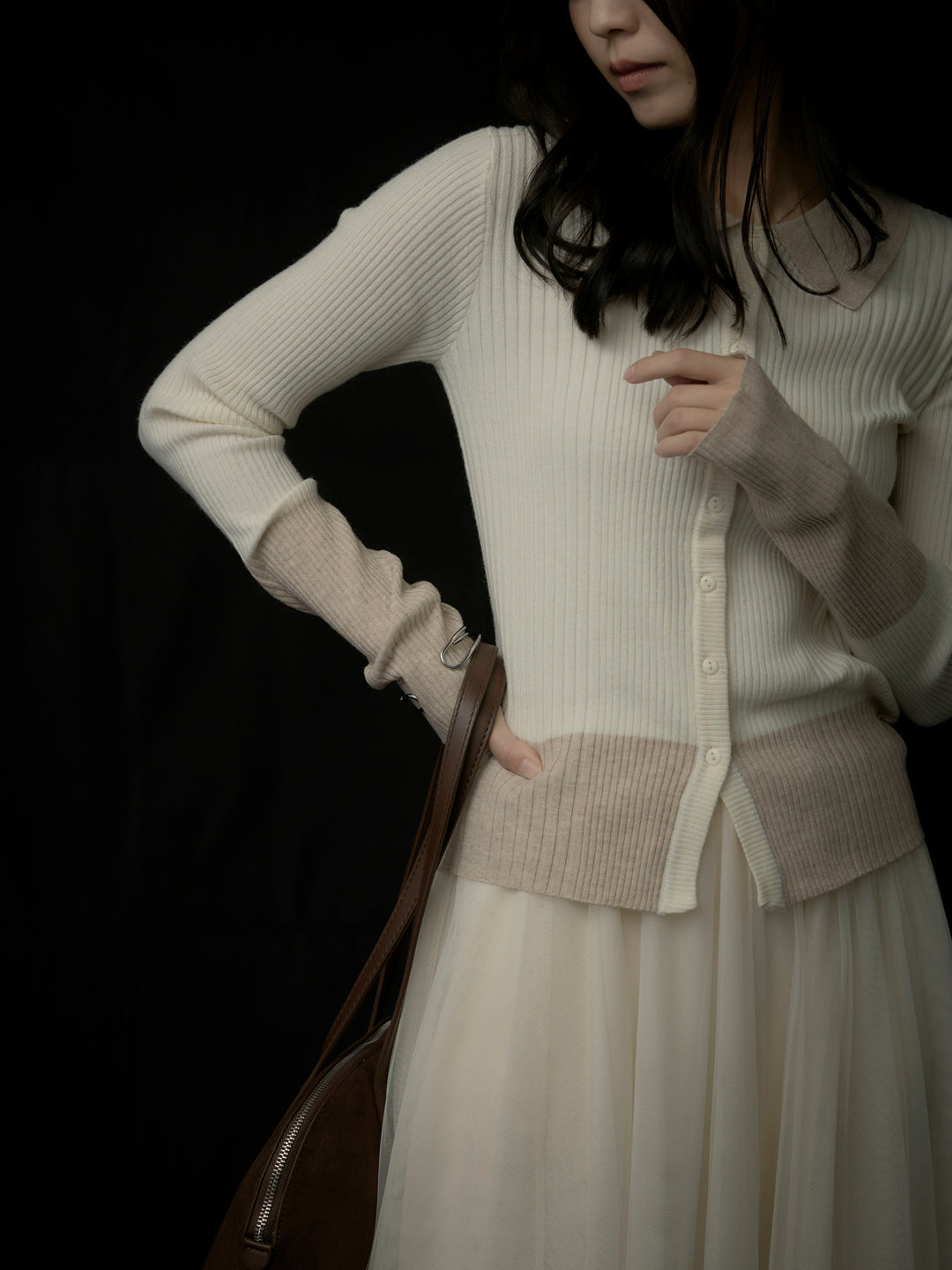 バイカラーリブニットポロトップス