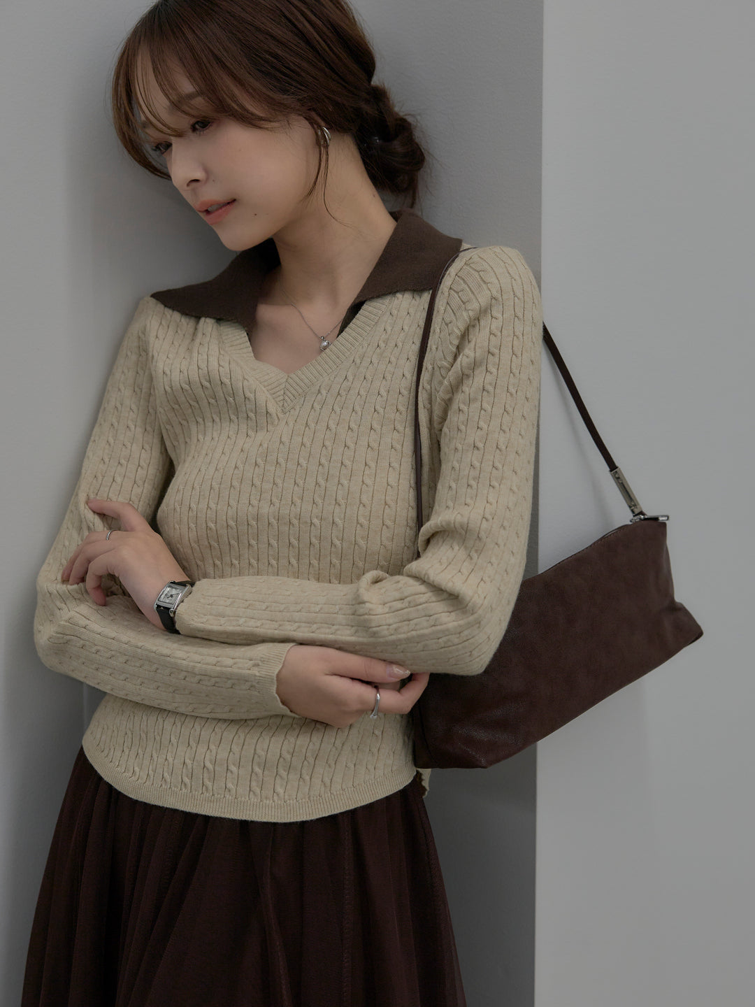 【SET】配色Vネックケーブルニットトップス+ボリュームチュールスカート(2set)