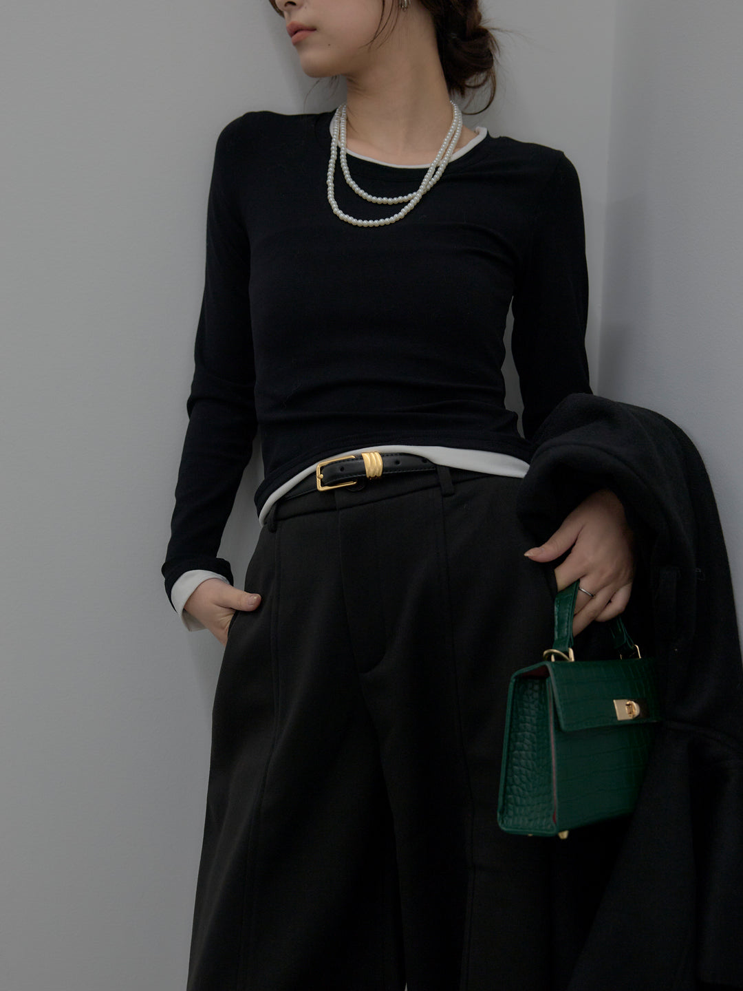 【SET】バイカラーレイヤードカットソー+カーブデザインスウェットライクパンツ(2set)