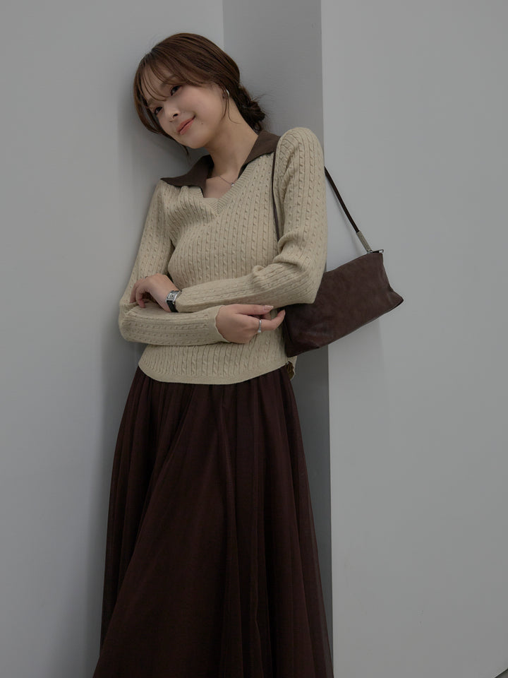 【SET】配色Vネックケーブルニットトップス+ボリュームチュールスカート(2set)