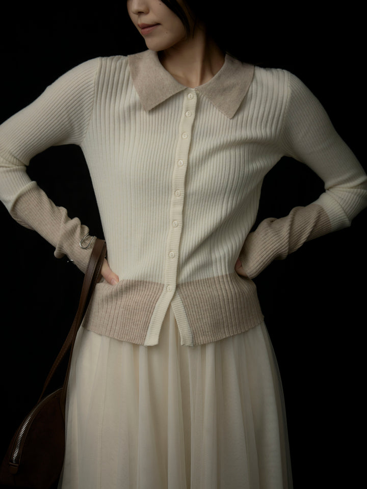 【SET】バイカラーリブニットポロトップス+ボリュームチュールスカート(2set)