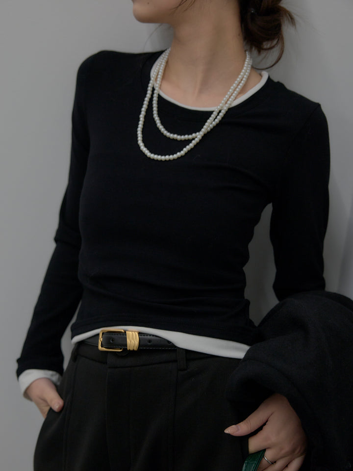 【SET】バイカラーレイヤードカットソー+カーブデザインスウェットライクパンツ(2set)