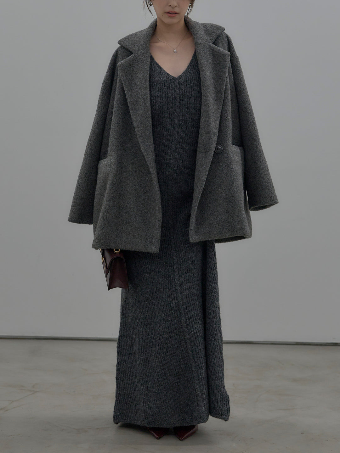【SET】【Essential】オーバーサイズジャケットコート+リュクスリブニットロングドレス(2set)
