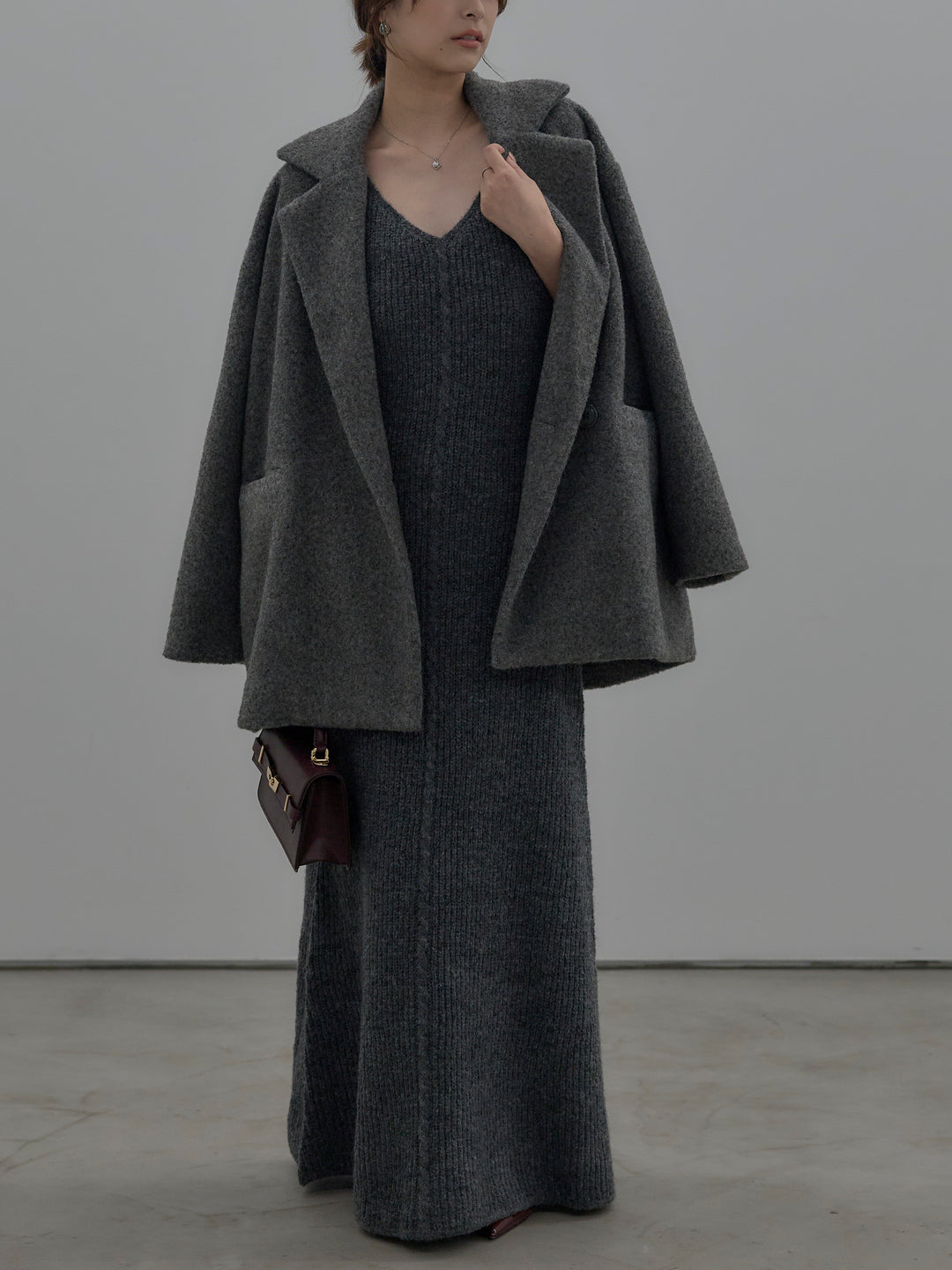 【SET】【Essential】オーバーサイズジャケットコート+リュクスリブニットロングドレス(2set)