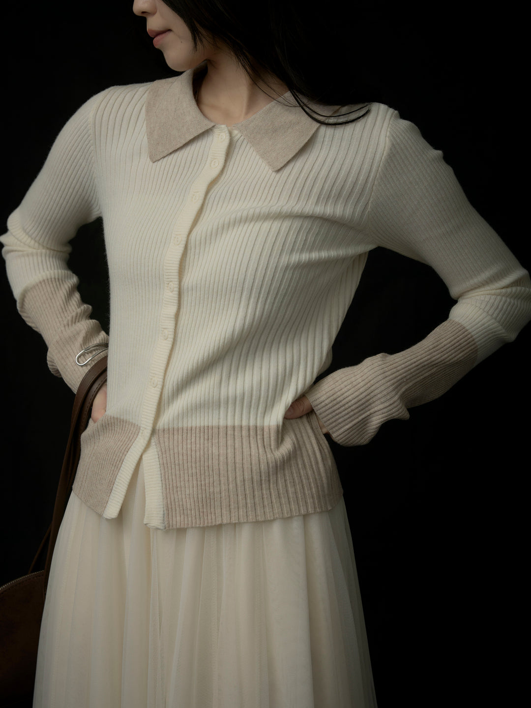 バイカラーリブニットポロトップス