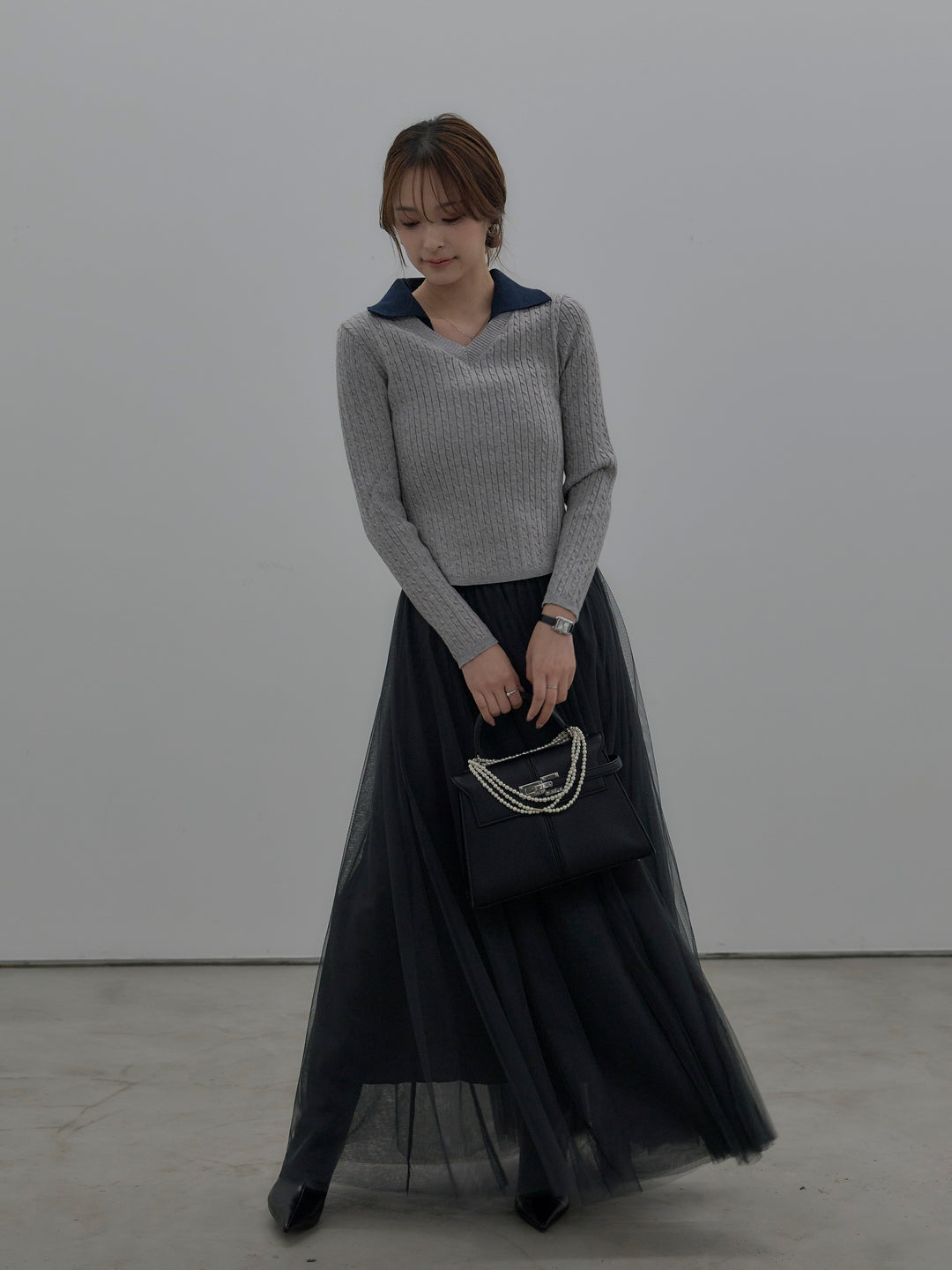 【SET】配色Vネックケーブルニットトップス+ボリュームチュールスカート(2set)