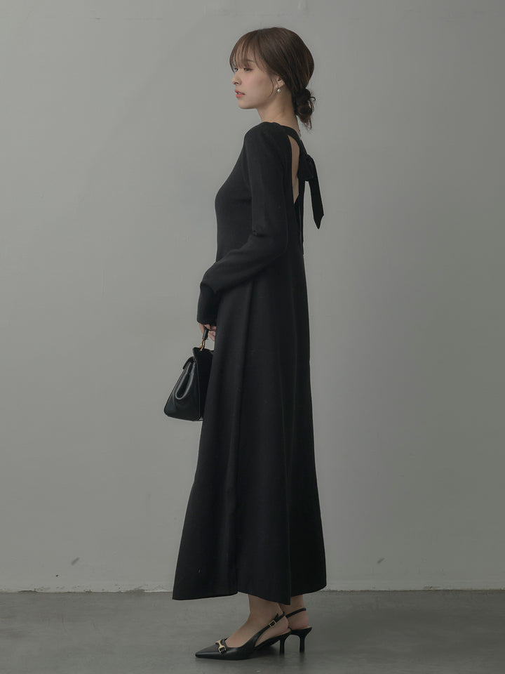 バックリボンニットロングワンピース