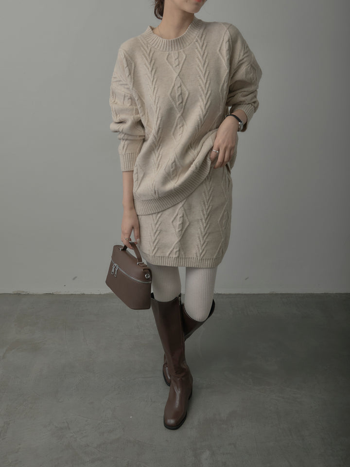 デザイン編みニットトップス&ミニスカート SET UP