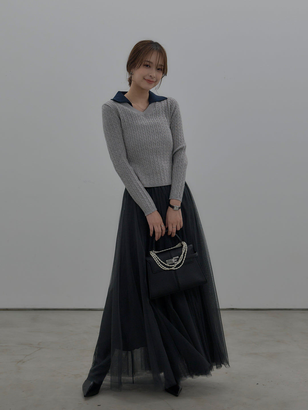 【SET】配色Vネックケーブルニットトップス+ボリュームチュールスカート(2set)