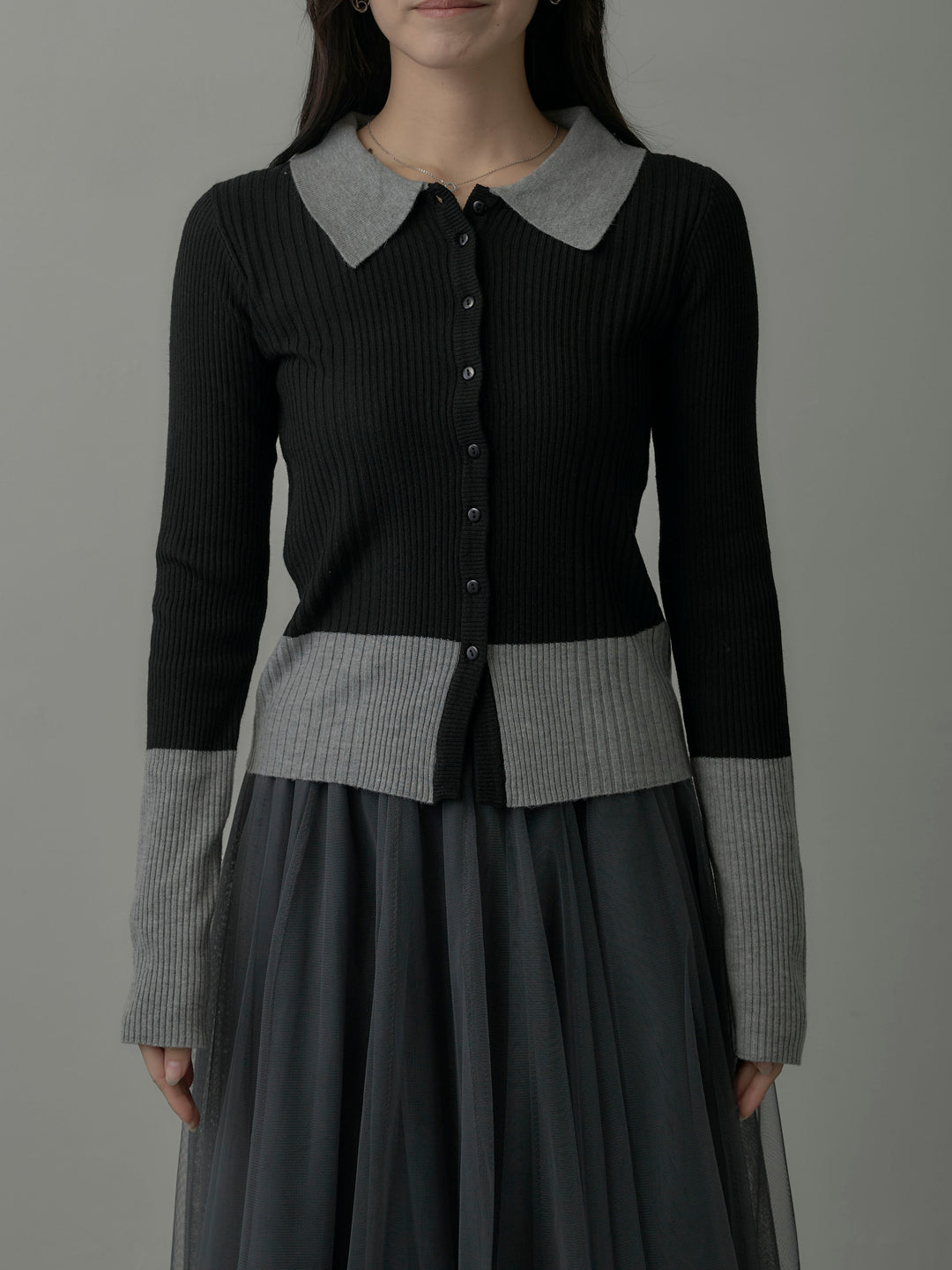 バイカラーリブニットポロトップス