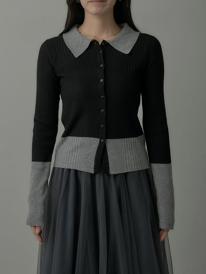 バイカラーリブニットポロトップス