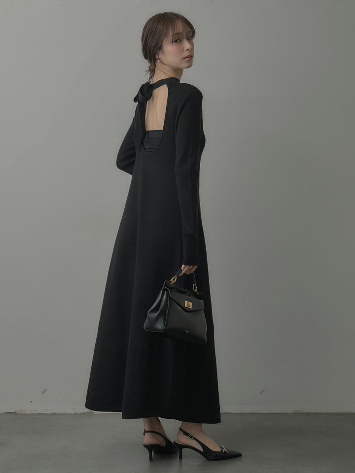 バックリボンニットロングワンピース