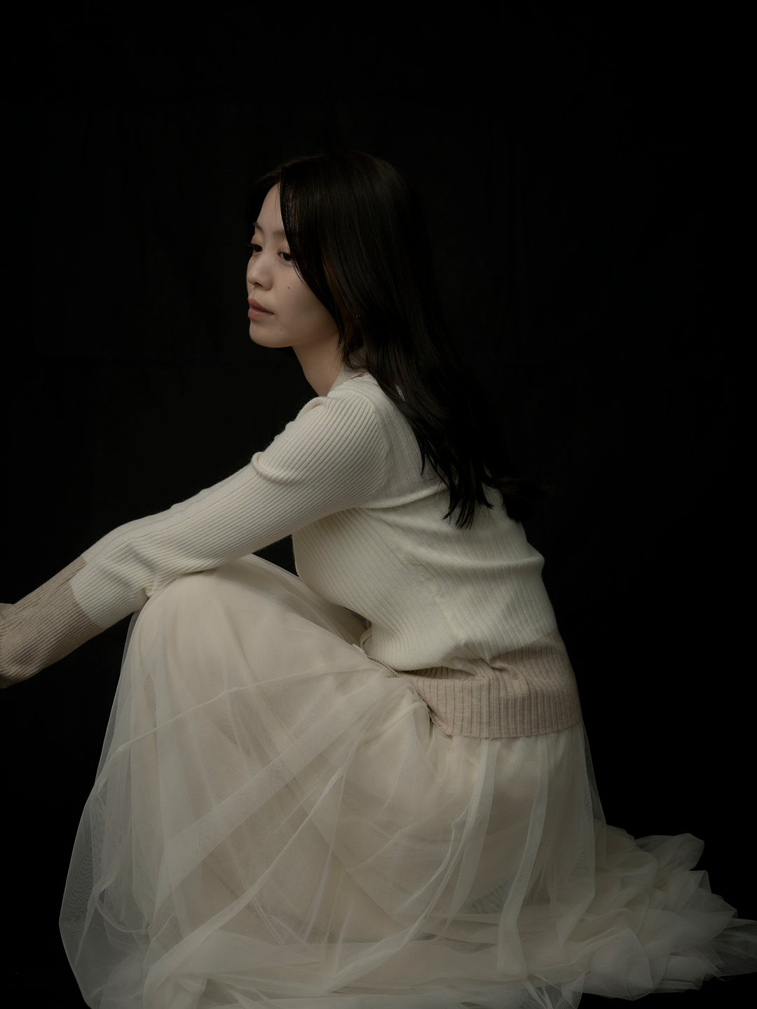 【SET】バイカラーリブニットポロトップス+ボリュームチュールスカート(2set)