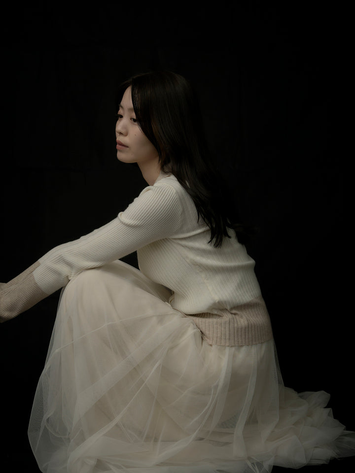 【SET】バイカラーリブニットポロトップス+ボリュームチュールスカート(2set)