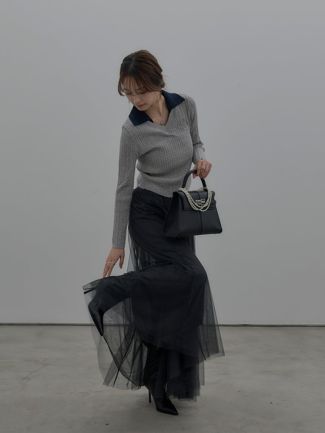 【SET】配色Vネックケーブルニットトップス+ボリュームチュールスカート(2set)