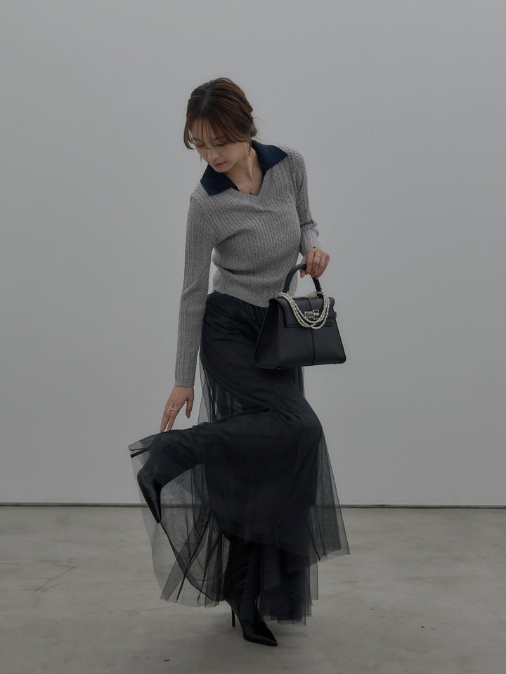 【SET】配色Vネックケーブルニットトップス+ボリュームチュールスカート(2set)
