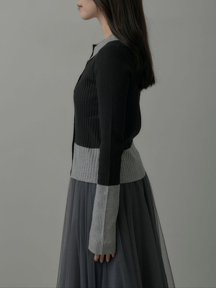 バイカラーリブニットポロトップス