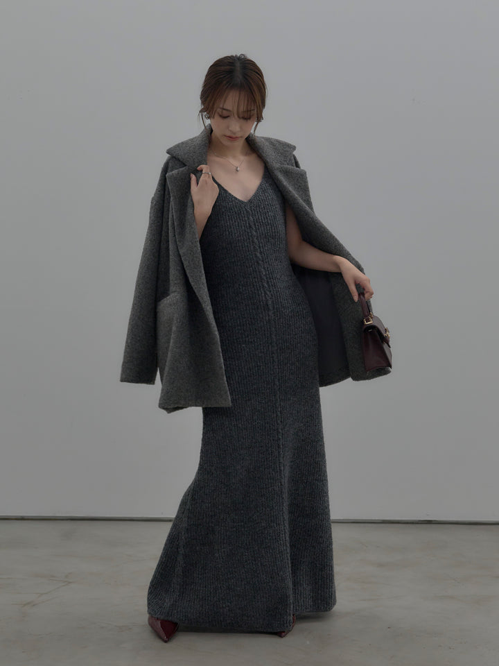 【SET】【Essential】オーバーサイズジャケットコート+リュクスリブニットロングドレス(2set)