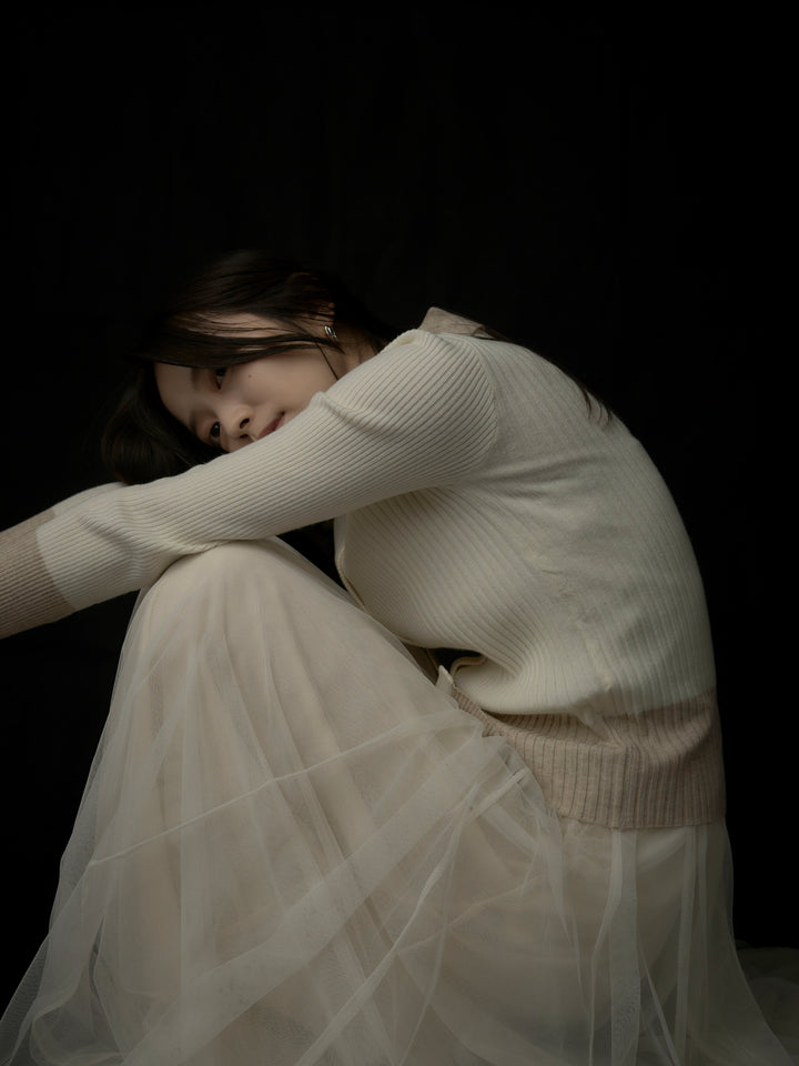 【SET】バイカラーリブニットポロトップス+ボリュームチュールスカート(2set)