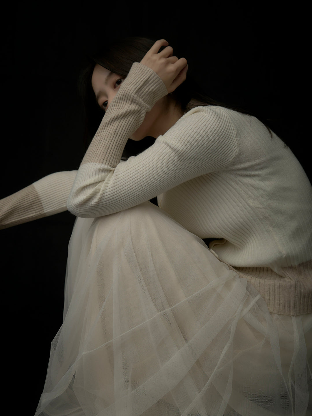 【SET】バイカラーリブニットポロトップス+ボリュームチュールスカート(2set)