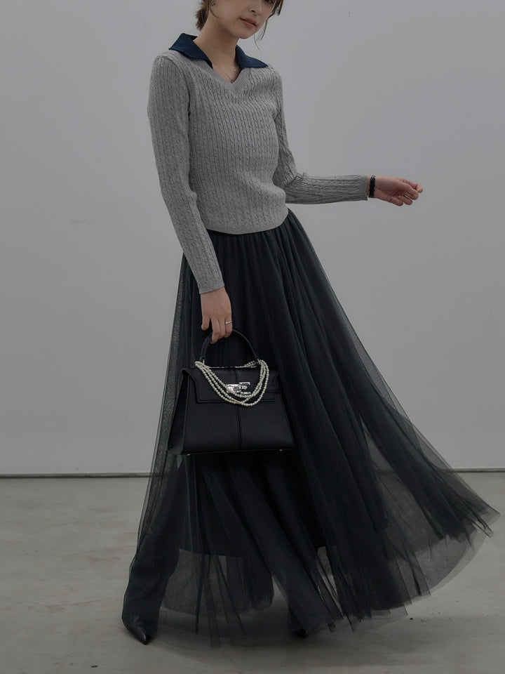 【SET】配色Vネックケーブルニットトップス+ボリュームチュールスカート(2set)