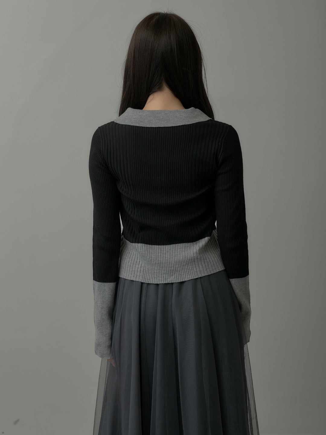 バイカラーリブニットポロトップス