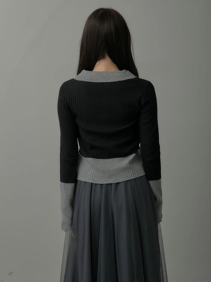 バイカラーリブニットポロトップス