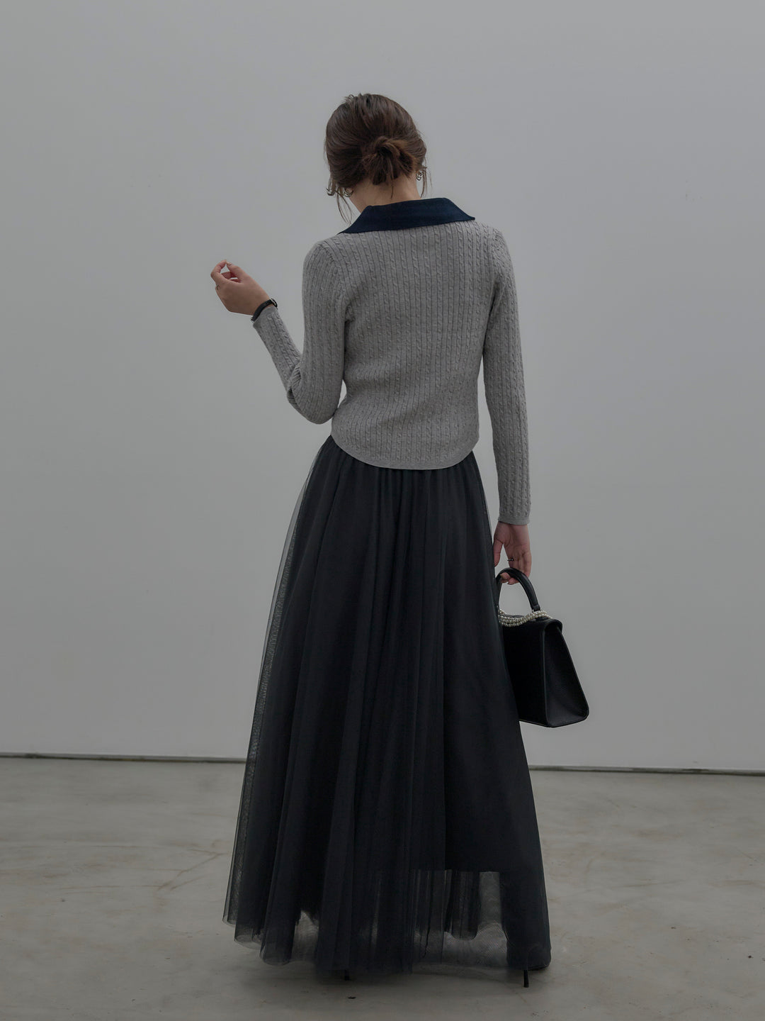 【SET】配色Vネックケーブルニットトップス+ボリュームチュールスカート(2set)