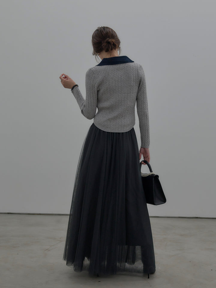 【SET】配色Vネックケーブルニットトップス+ボリュームチュールスカート(2set)