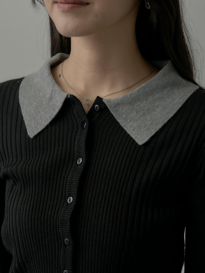 バイカラーリブニットポロトップス