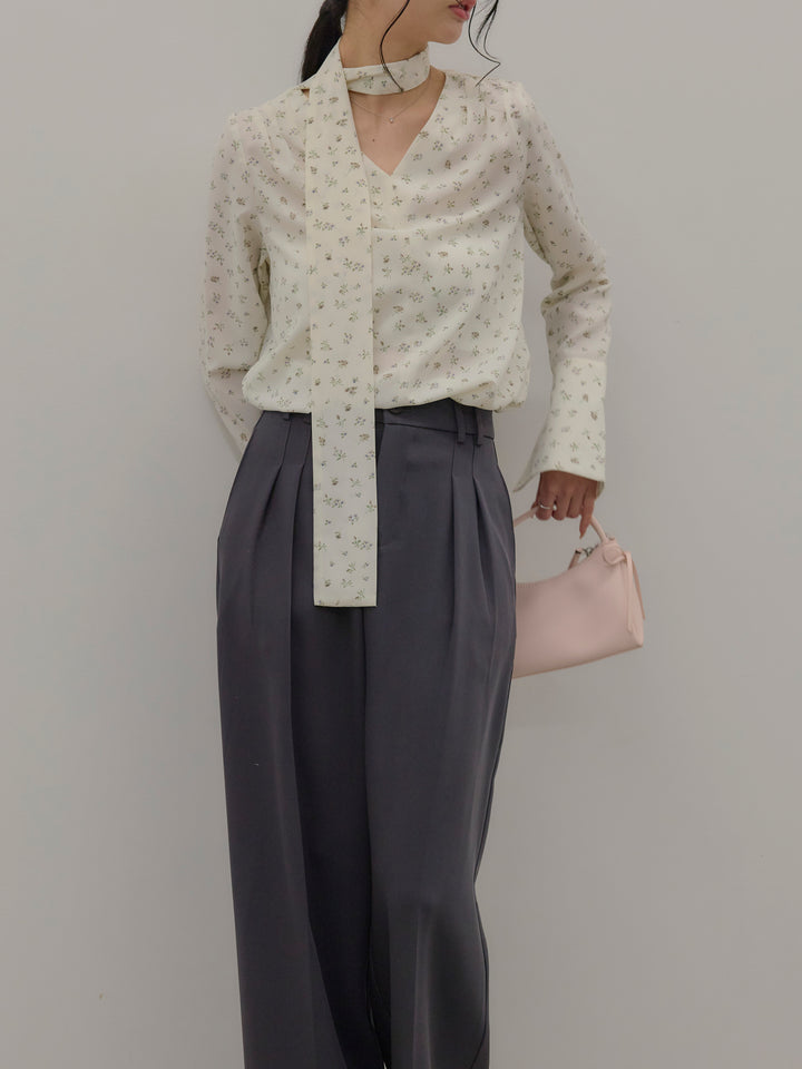 【Essential】2wayタイ付きベルスリーブサテンブラウス