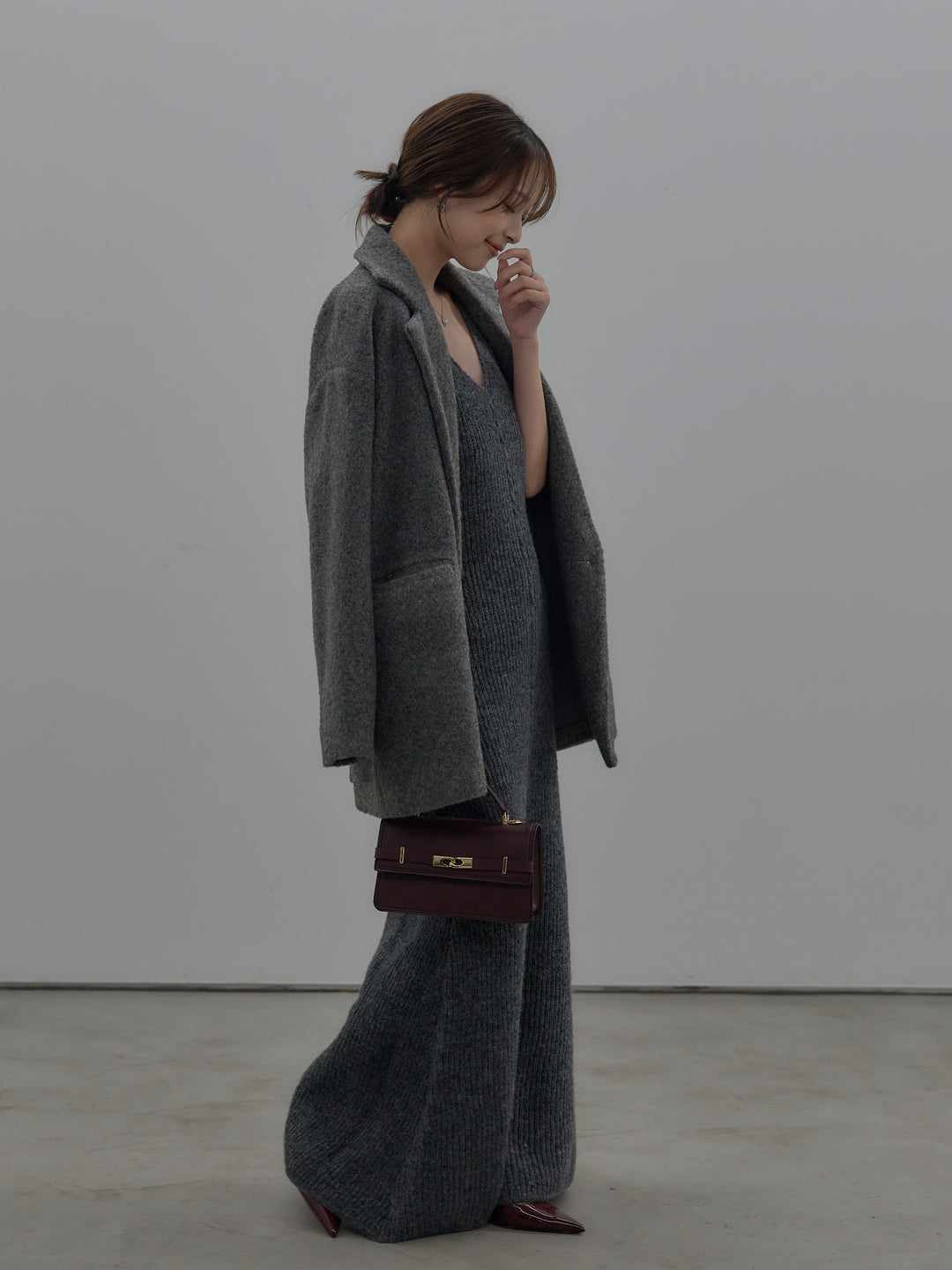 【SET】【Essential】オーバーサイズジャケットコート+リュクスリブニットロングドレス(2set)