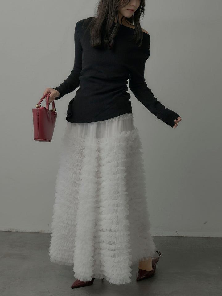 【SET】サイドスリットボートネックニットトップス+ドラマチックフリルチュールスカート(2set)