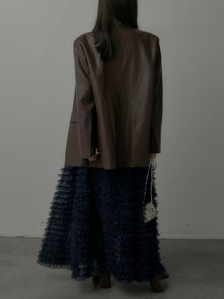 【SET】レザーノーカラージャケット+ドラマチックフリルチュールスカート(2set)