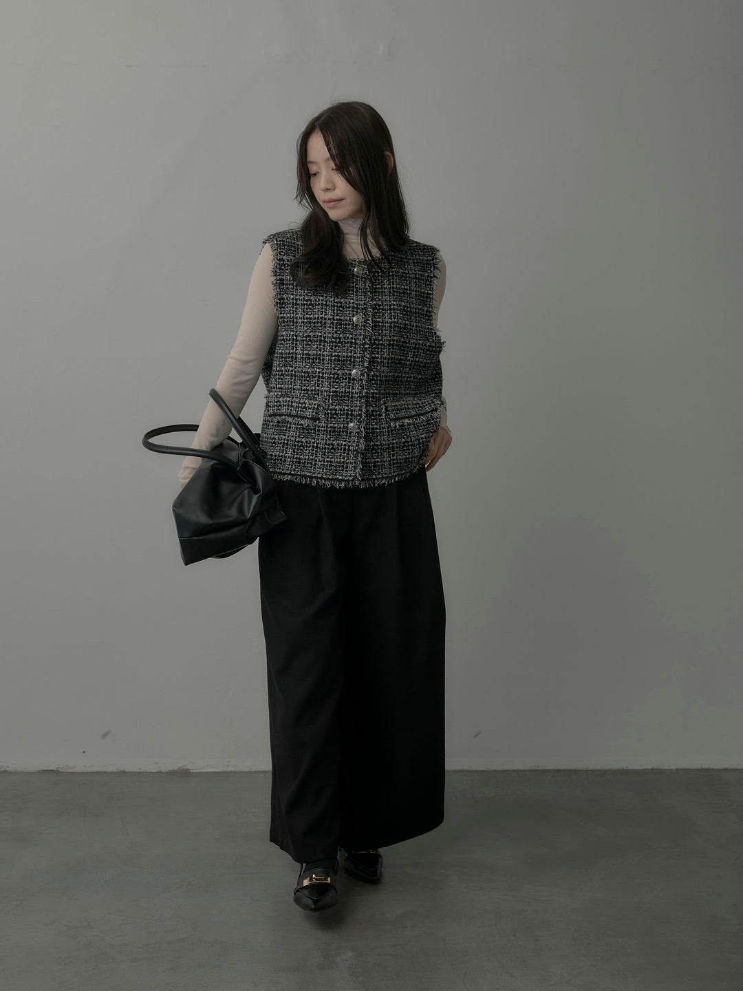 【ロープベルト付属】ウールタッチワイドパンツ