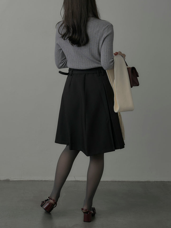 【SET】リブニットタートルネック+ウエストポーチ付きミディスカート(2set)