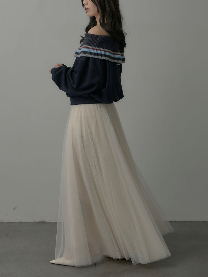 【SET】配色ボーダースウェットオフショルトップス+ボリュームチュールスカート(2set)