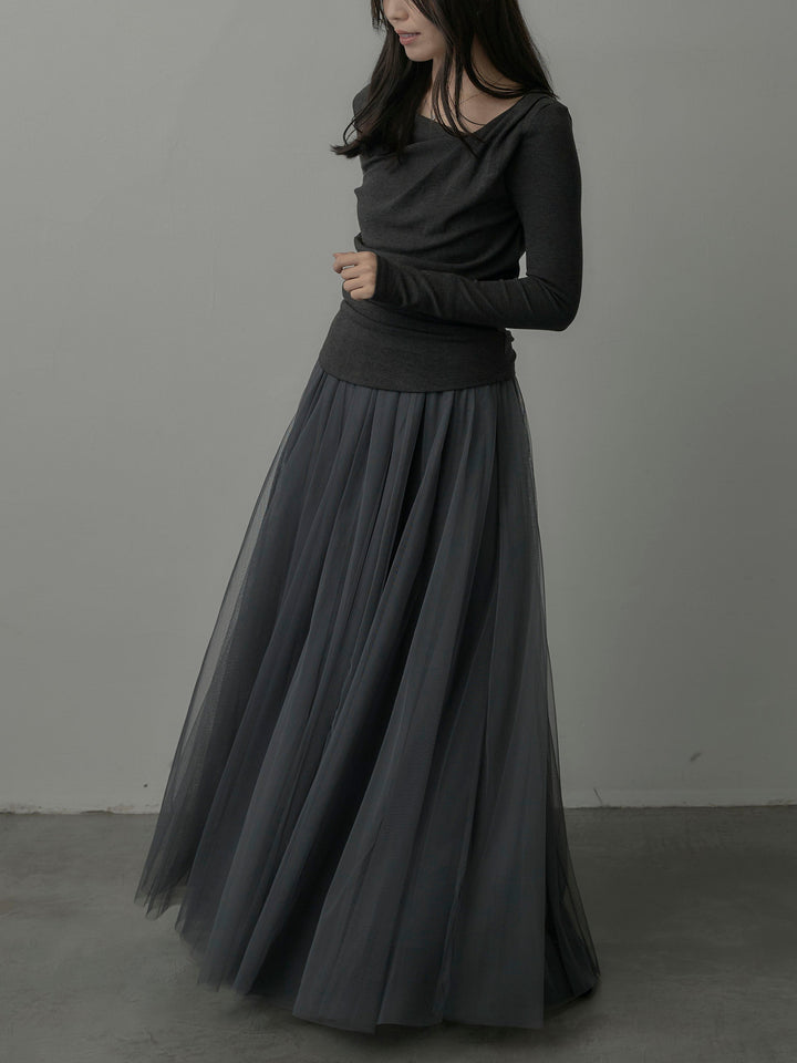 【SET】ドレープデザイントップス+ボリュームチュールスカート(2set)