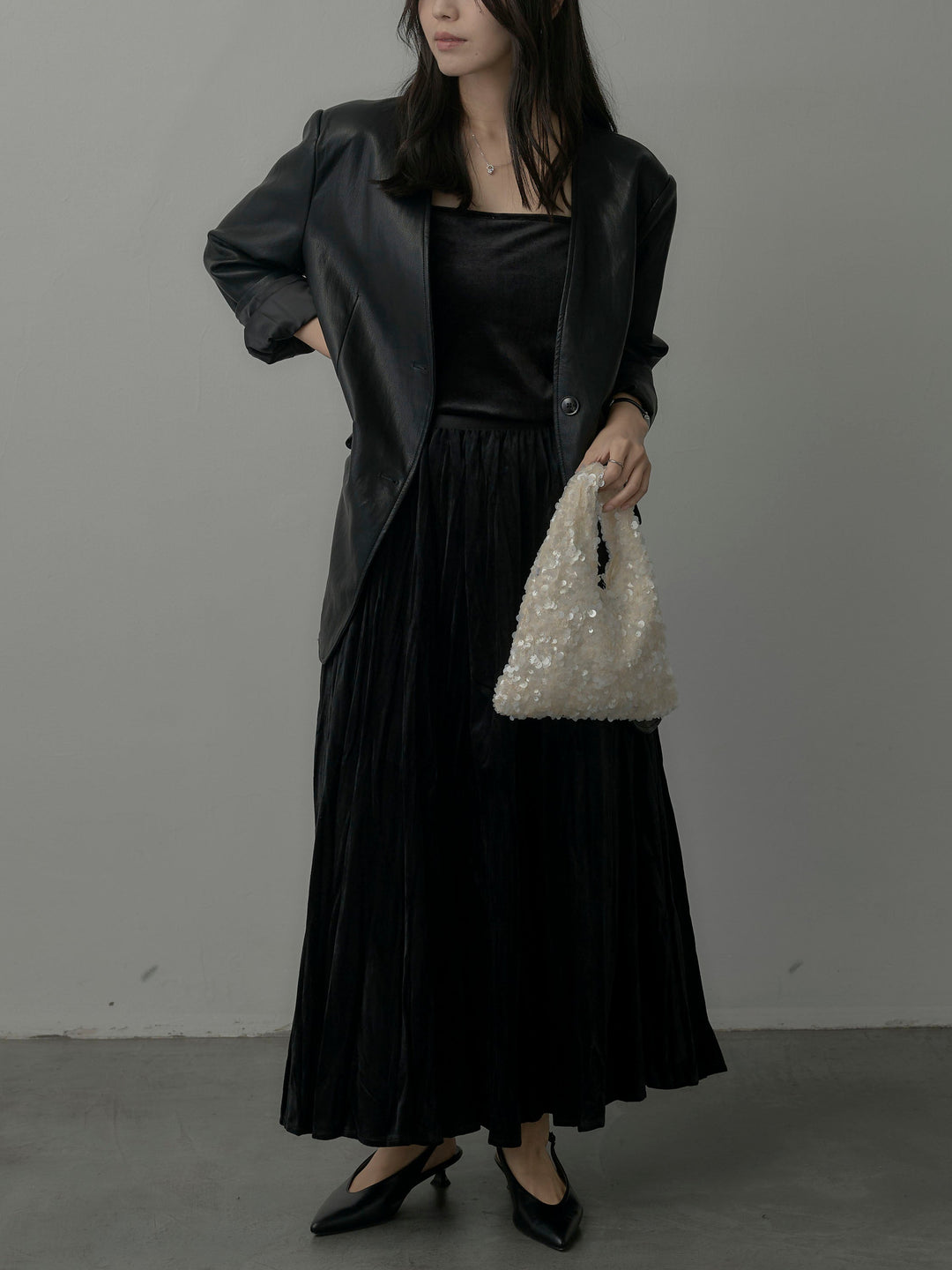 【SET】レザーノーカラージャケット+ベロアワッシャープリーツスカート(2set)