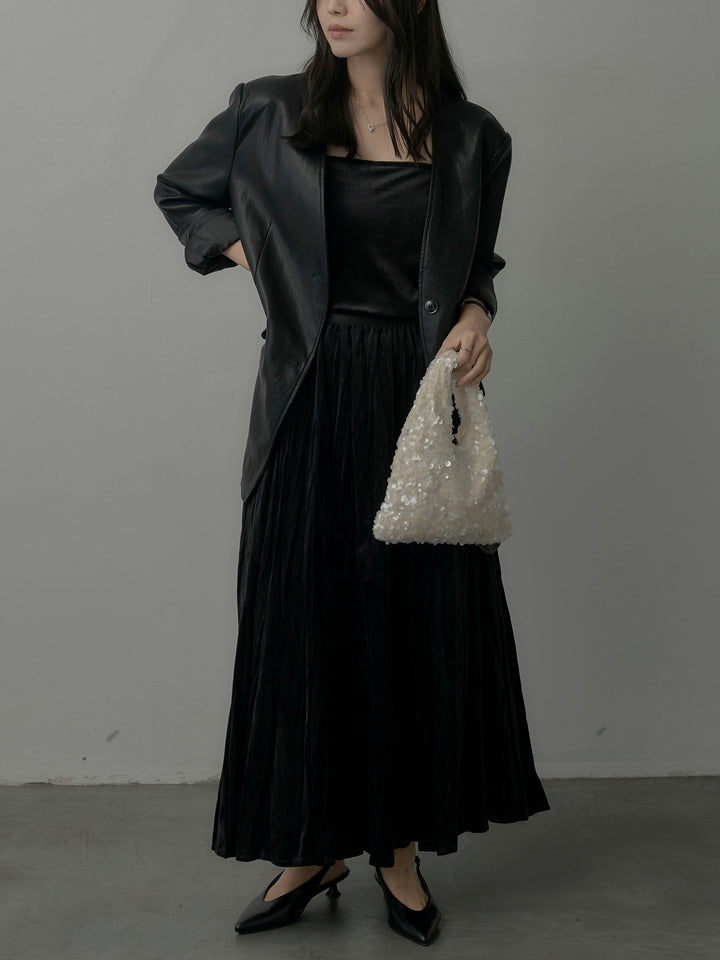 【SET】レザーノーカラージャケット+ベロアワッシャープリーツスカート(2set)