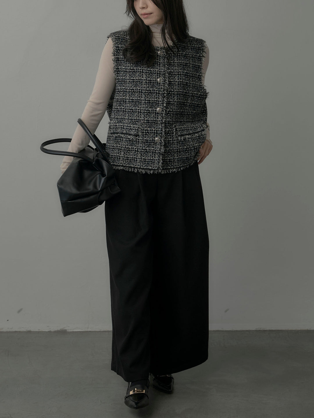 【SET】ツイードフリンジベスト+メロウフリルシアートップス+【ロープベルト付属】ウールタッチワイドパンツ(3set)